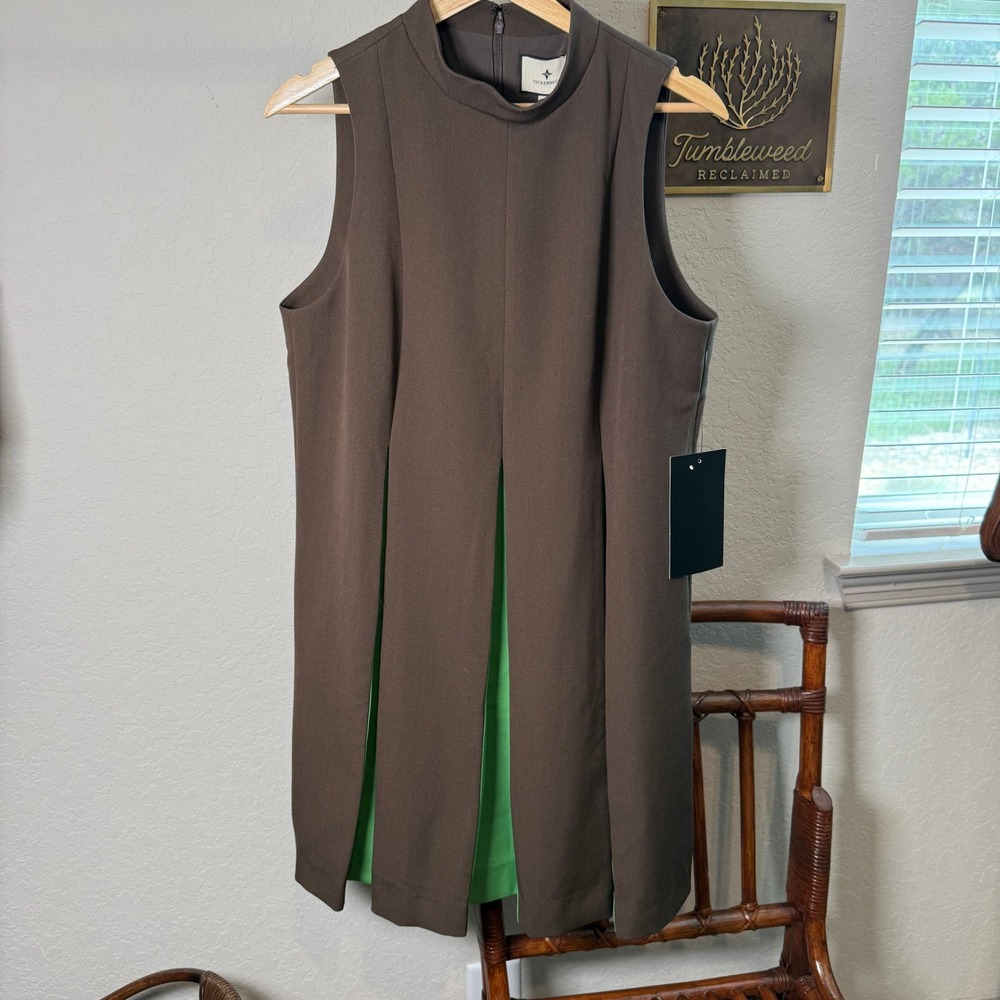 Tuckernuck Brown Lime Green Contrast Pleat Mock Neck Sleeveless Shift Dress L